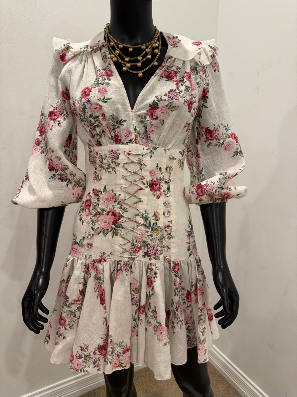 Zimmermann Floral Linen Corset Lace Up Ruffle Mini Dress Size 0 Never Worn